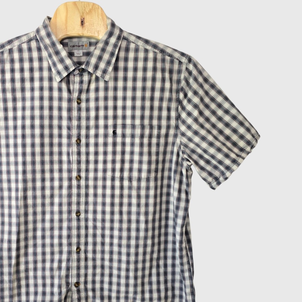 Carhartt Mens 2XL Short Sleeve Plaid Button Down Work Shirt Navy White 0699